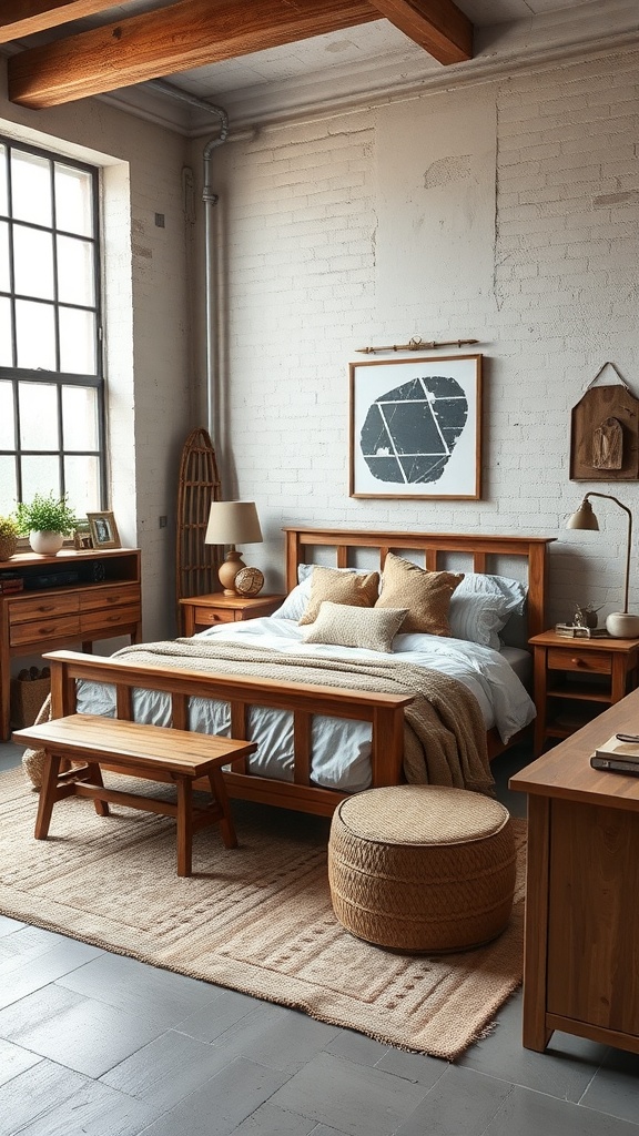 A cozy industrial bedroom featuring vintage wooden furniture, a textured rug, and warm lighting.