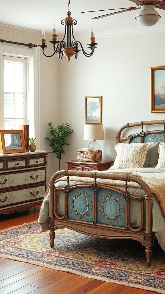 A cozy maximalist bedroom featuring vintage furniture, including a bed with blue accents, a floral dresser, and a chandelier.