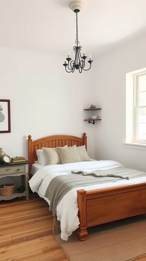 A cozy masculine small bedroom with vintage furniture, featuring a wooden bed, a nightstand, and a chandelier.