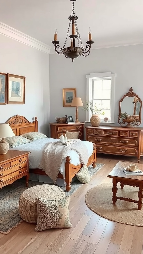A cozy vintage bedroom featuring warm wooden furniture, soft bedding, and decorative elements.