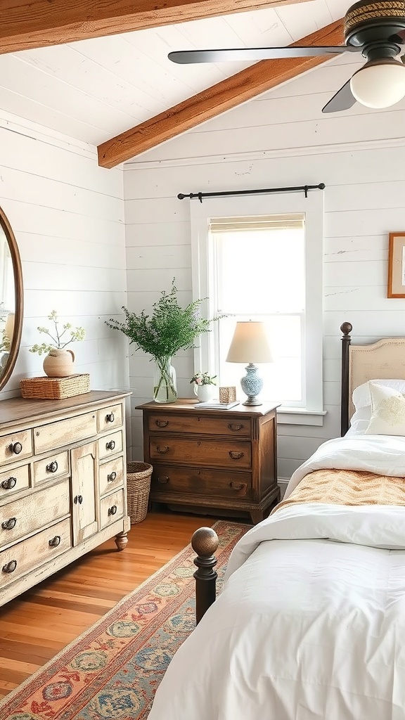 Cozy farmhouse bedroom featuring vintage furniture, including a wooden dresser, nightstand, and soft bedding.