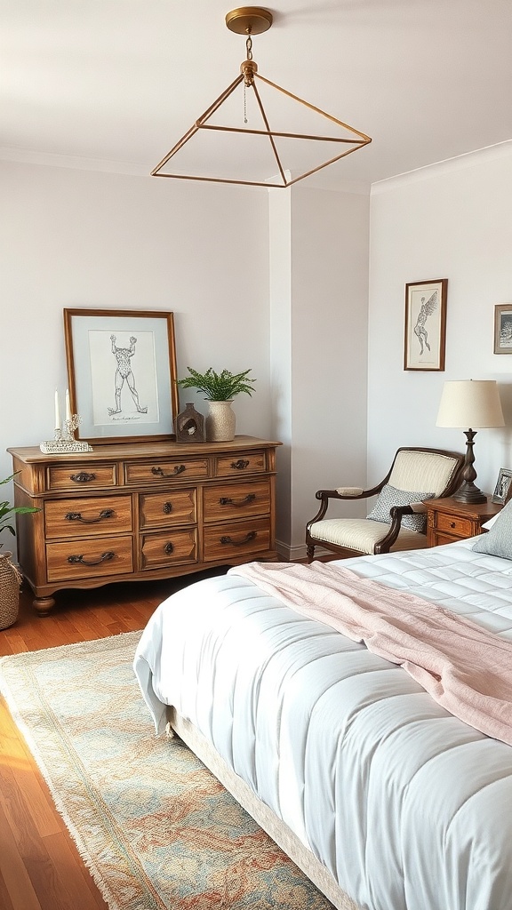 A cozy bedroom featuring vintage furniture, soft bedding, and decorative art.