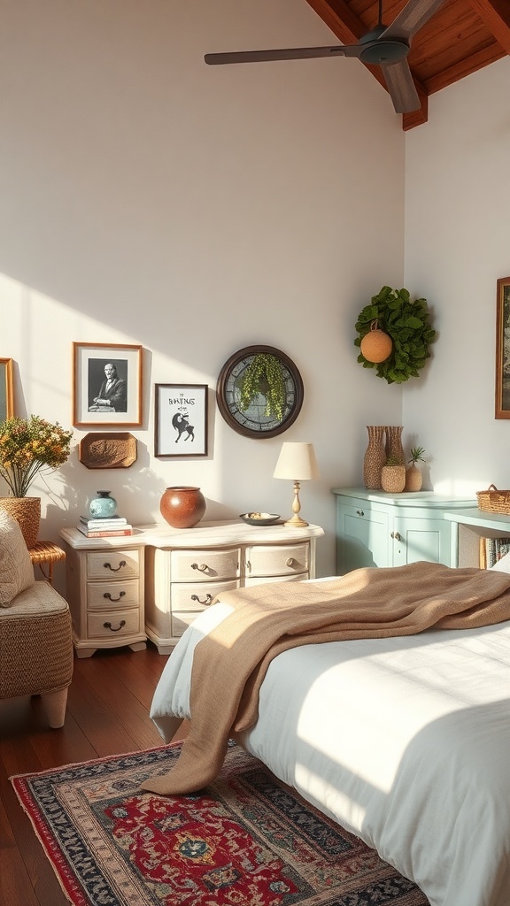 A cozy room featuring vintage furniture, warm lighting, and decorative elements.