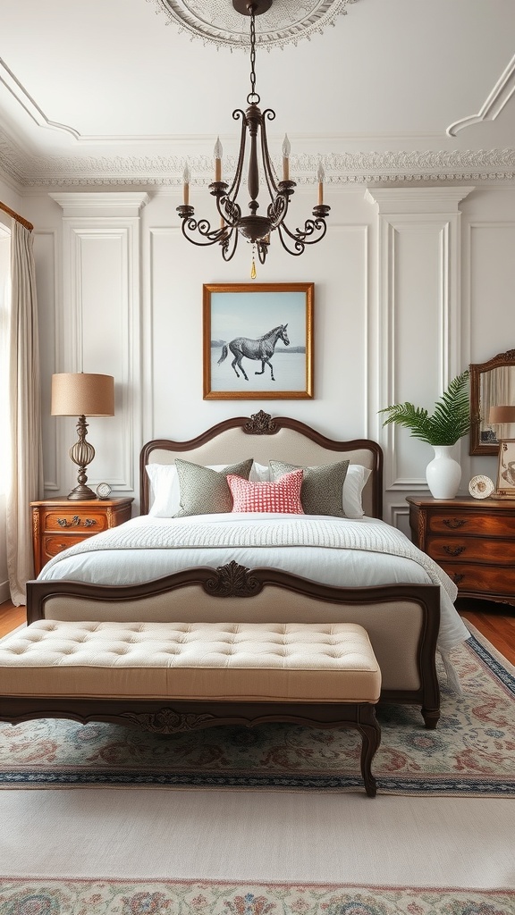A vintage-style bedroom featuring a wooden bed frame, elegant nightstands, a chandelier, and a tufted bench.