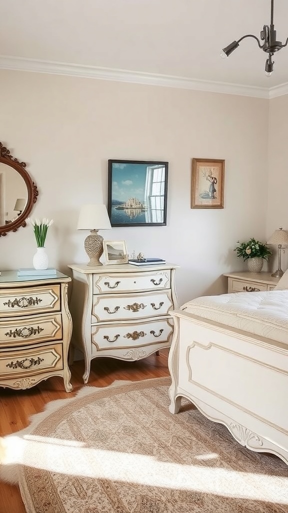 A cozy fairycore bedroom with vintage furniture, featuring ornate nightstands, a round rug, and decorative artwork.