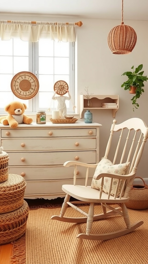 A cozy boho nursery featuring vintage furniture including a rocking chair, a dresser, and woven baskets.