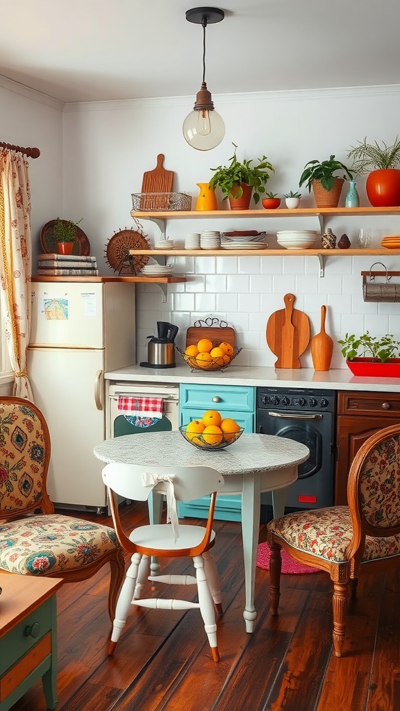 Cozy kitchen with vintage furniture, floral chairs, and colorful decor.