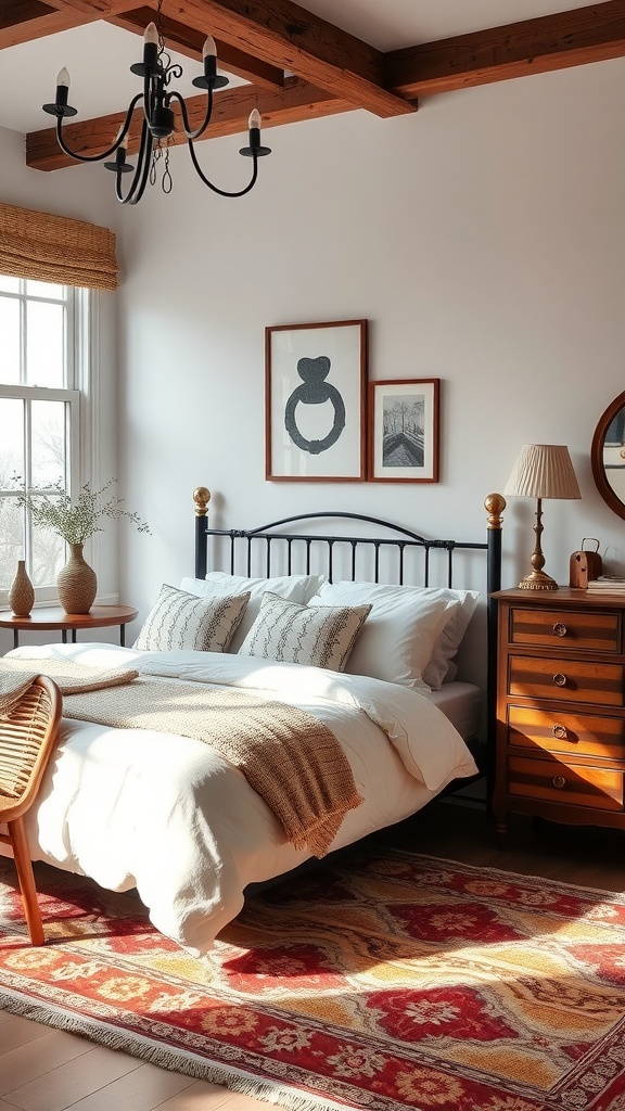 A cozy vintage-inspired bedroom with a black metal bed frame, warm bedding, a wooden dresser, and natural light.