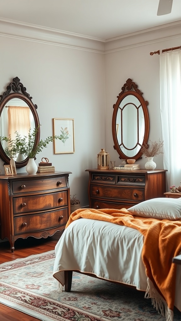 A cozy bohemian bedroom featuring vintage wooden furniture, mirrors, and a soft orange blanket.
