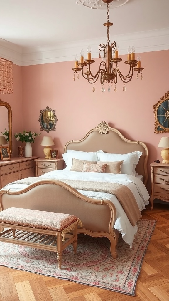 A vintage bedroom featuring dusty rose walls, an elegant chandelier, and vintage furniture including a curved bed and a decorative bench.