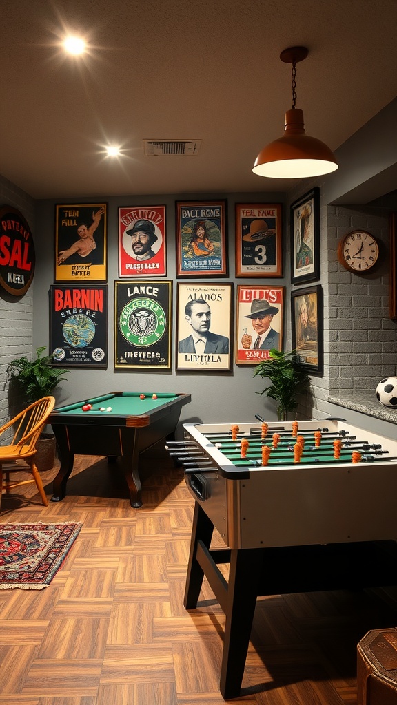 A vintage-inspired game room featuring a pool table, foosball table, and retro posters on the walls.