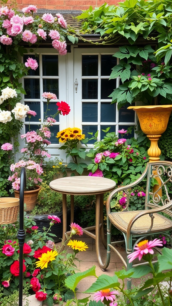 A charming garden corner with a vintage chair and table surrounded by colorful flowers.
