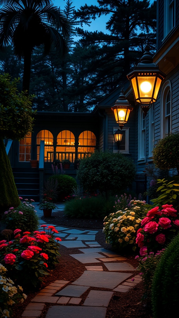 A charming Victorian front garden with vintage lantern-style lighting illuminating a stone pathway surrounded by colorful flowers.