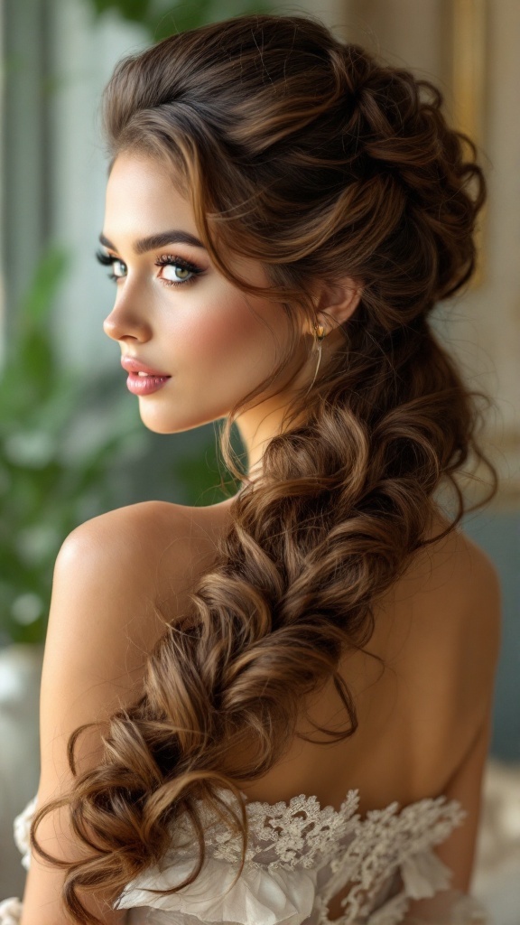 A model with a vintage glam ponytail featuring long, curled hair, showcasing elegance and romance.