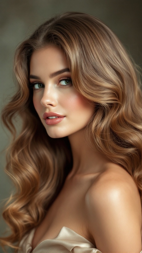 A close-up of a woman with long, wavy hair styled in a vintage glam side part.