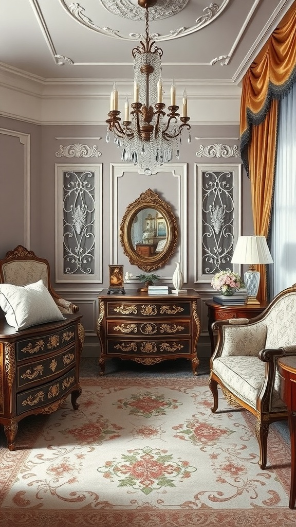 A vintage glam style bedroom corner with ornate furniture, chandelier, and floral rug.