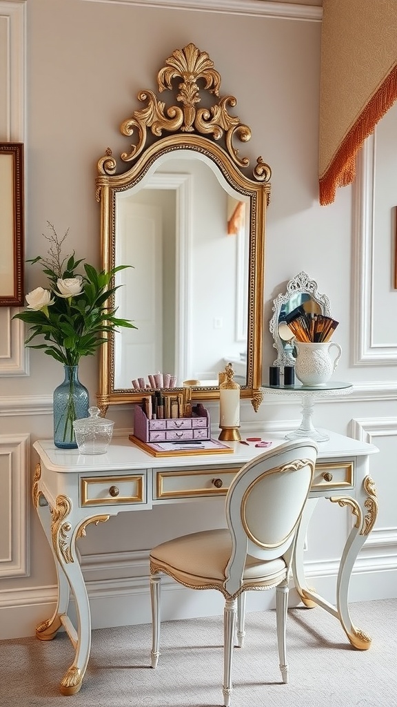 A vintage glam vanity station featuring a white and gold desk with a large ornate mirror, a comfortable chair, and decorative items.