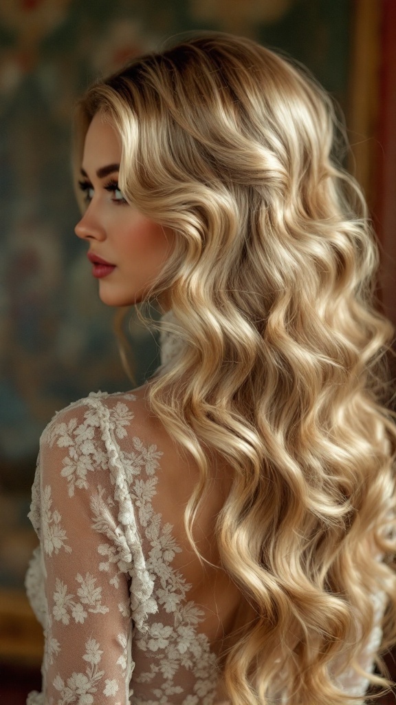 A woman with vintage glam waves hairstyle, wearing a high neck dress with floral details.