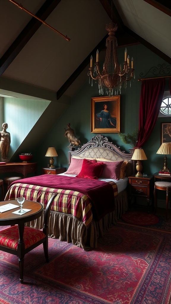 A vintage glam attic bedroom featuring a bed with rich red and patterned bedding, antique furniture, a chandelier, and artwork.