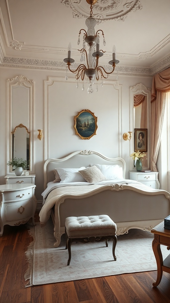 A vintage glam bedroom featuring an elegant bed, antique nightstands, a chandelier, and artwork.