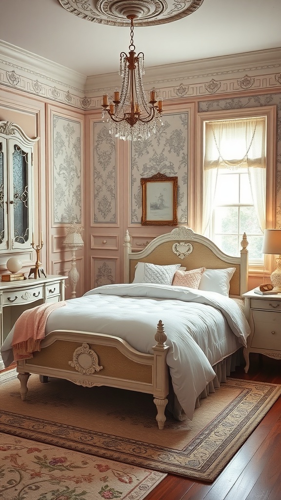 A beautifully decorated vintage glam teen bedroom with ornate furniture and soft pastel colors
