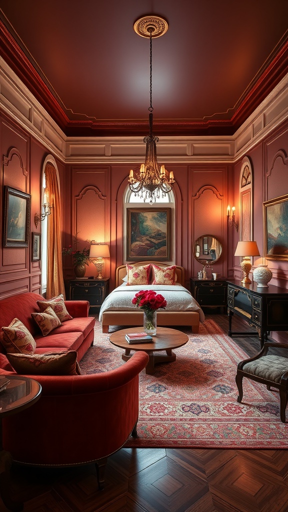 A vintage glam living room featuring deep red walls, elegant furniture, and Art Deco touches.