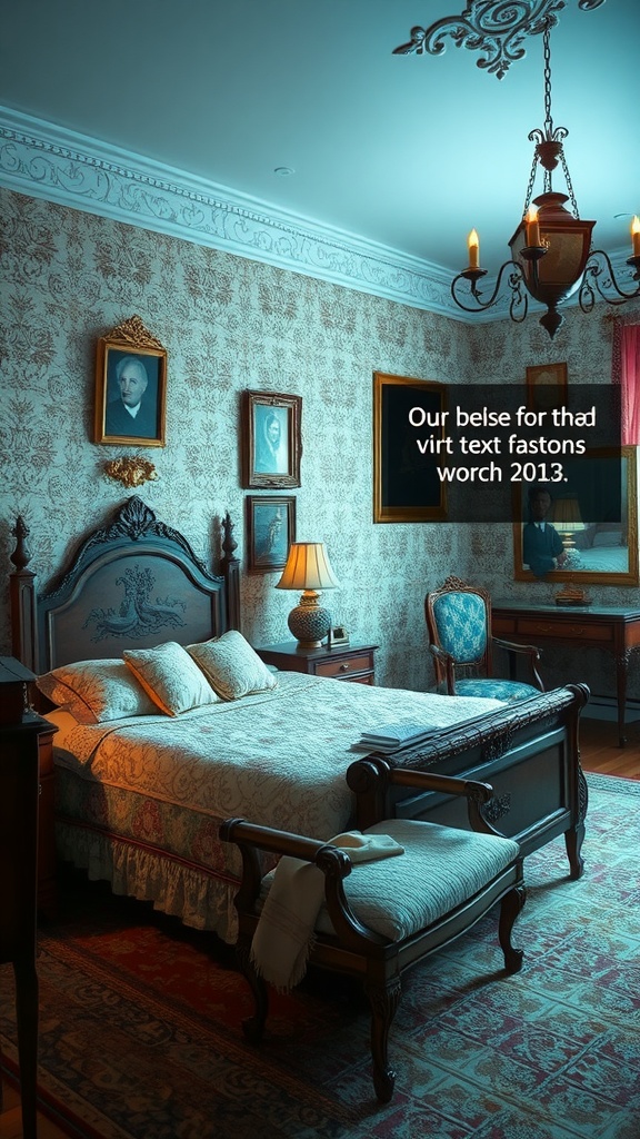 A vintage-themed bedroom with ornate furniture and soft lighting.