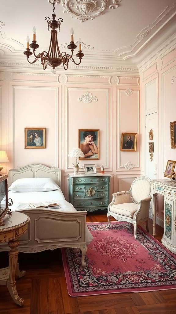 A vintage glamour bedroom featuring soft pink walls, elegant furniture, and a classic chandelier.