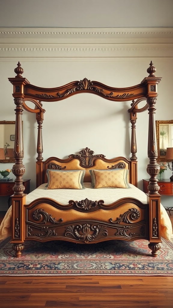 A vintage four-poster bed with intricate wooden carvings and soft pillows, surrounded by elegant decor.
