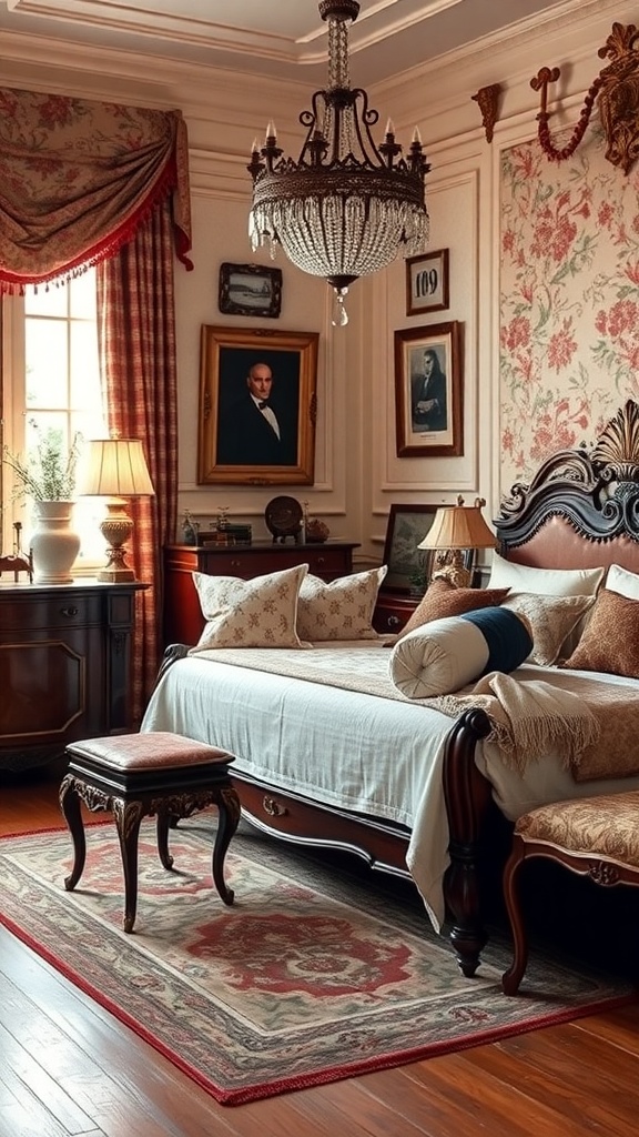 A vintage-inspired bedroom featuring a chandelier, ornate furniture, and elegant decor.