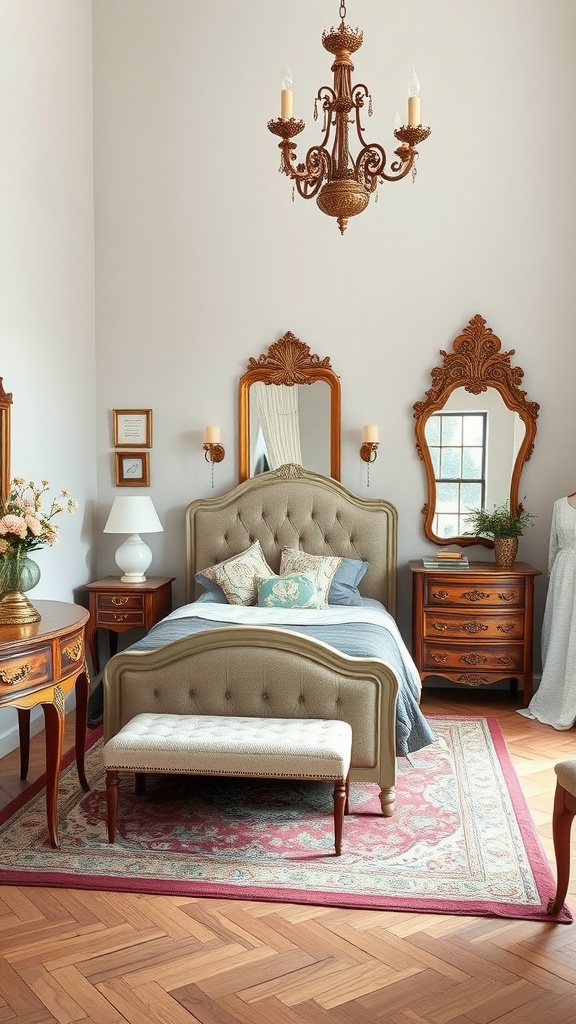 A vintage-style bedroom featuring a chandelier, tufted bed, ornate mirrors, and warm wood furniture.