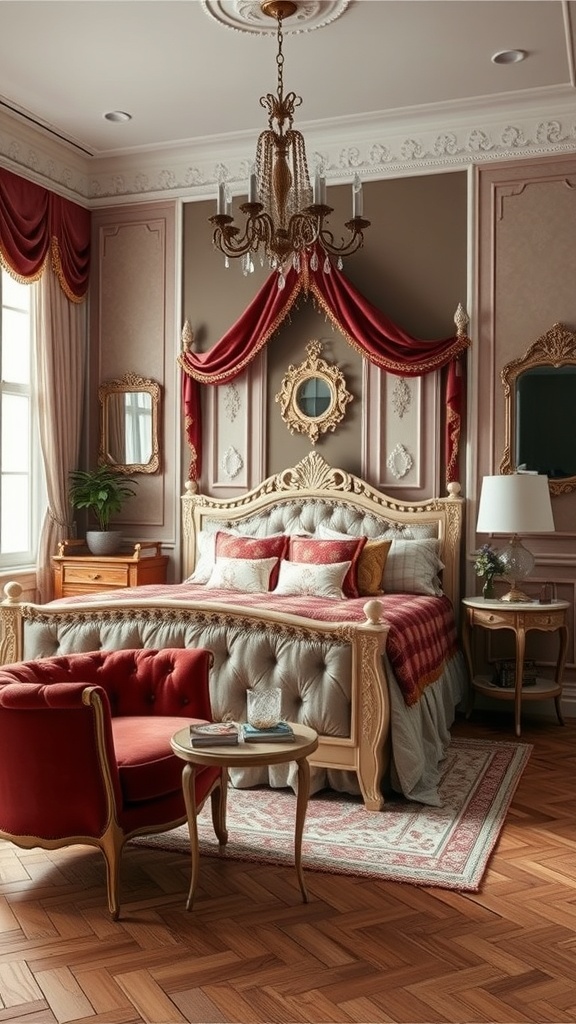 A vintage-style bedroom featuring an ornate bed, red accents, a chandelier, and elegant decor.