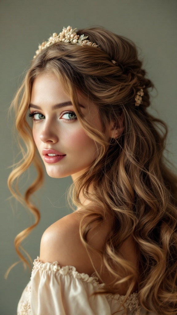 A woman with half up half down hair styled in soft waves, adorned with floral accessories