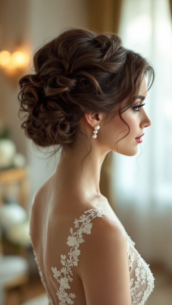 Bridesmaid with vintage glamour waves hairstyle, showcasing elegant brunette locks in a soft updo with delicate earrings.