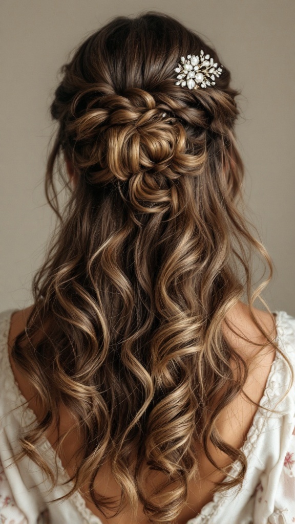 An elegant half up half down hairstyle featuring soft ringlets and a decorative hairpiece.