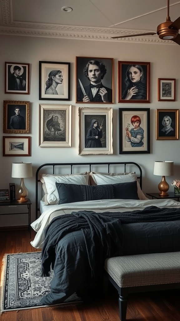 A gothic-themed bedroom featuring vintage artwork on the walls, showcasing portraits in various frames.