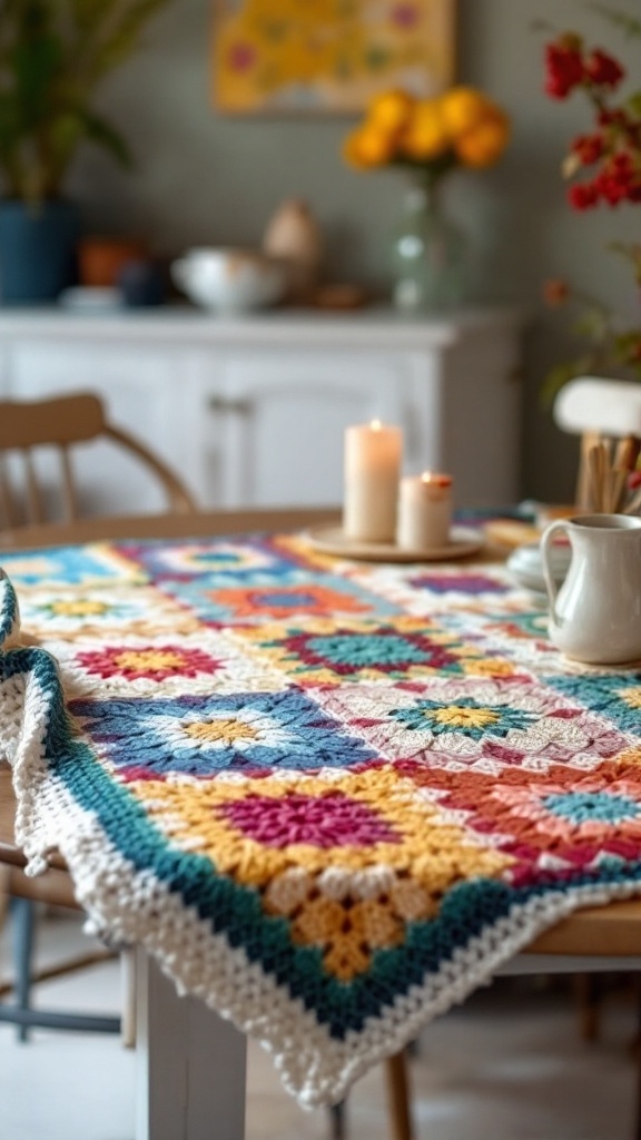 A colorful crochet tablecloth featuring a granny square pattern, placed on a dining table with candles and flowers.