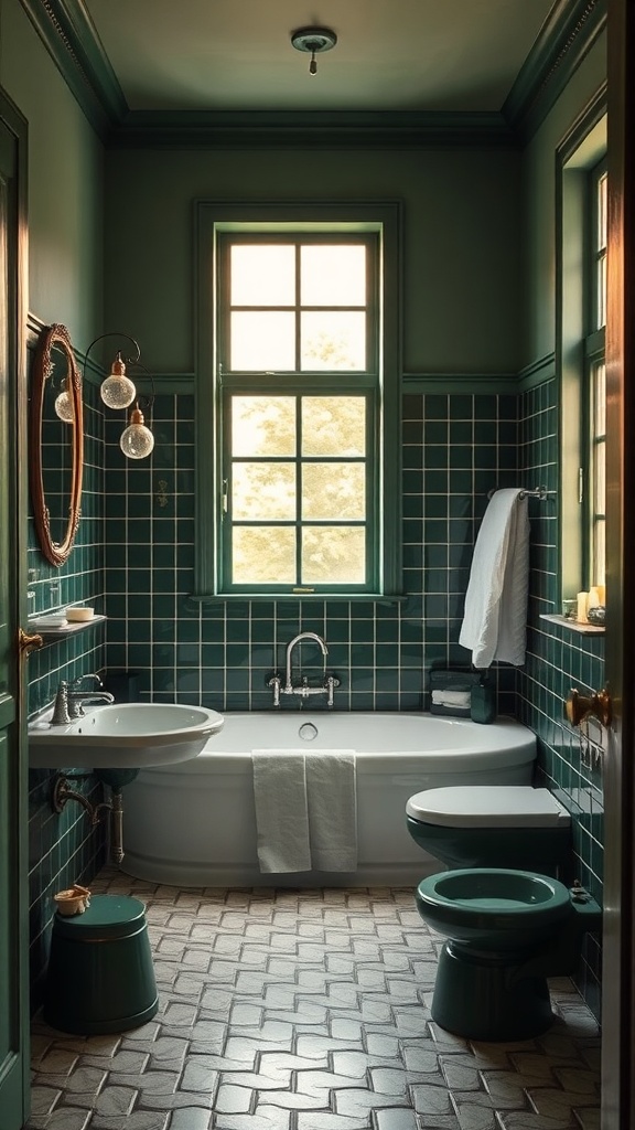 A vintage green bathroom featuring green tiles, a white bathtub, and stylish fixtures.