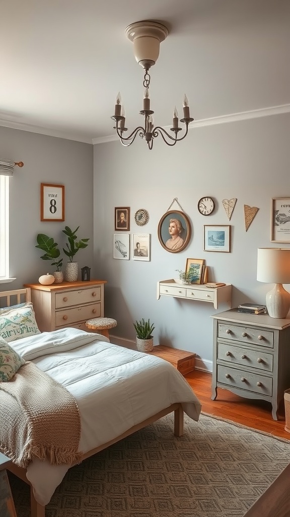 A vintage greige bedroom featuring soft colors, wooden furniture, and vintage art on the walls.