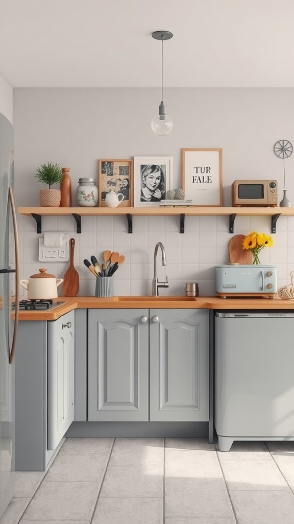 A vintage grey kitchen with wooden countertops, decorative shelves, and retro appliances.