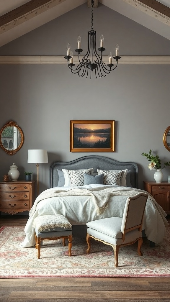 A vintage grey living room with antique furniture, a chandelier, and decorative accents.