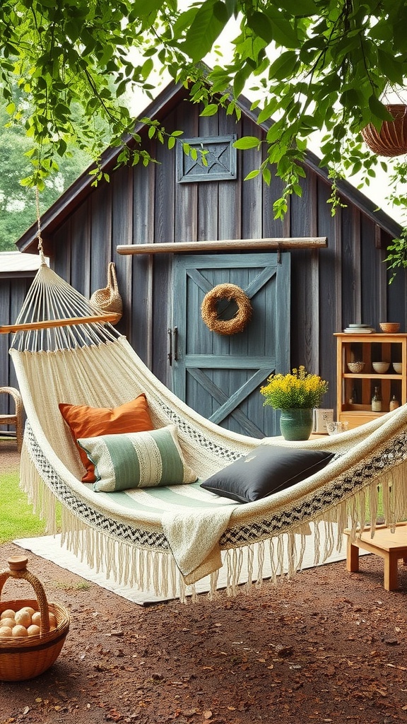 A vintage hammock with rustic touches, surrounded by a garden and a rustic shed.
