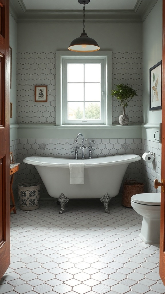 A bathroom featuring vintage hexagon tiles on the floor and walls, with a white bathtub and natural light coming through a window.
