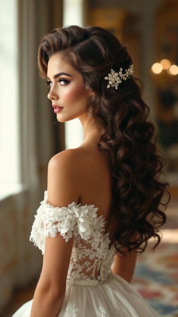 A bride with glamorous vintage Hollywood curls and a delicate hair accessory, showcasing elegance and sophistication.