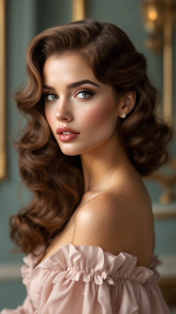 A woman with vintage Hollywood waves hairstyle, wearing a pink off-shoulder dress.