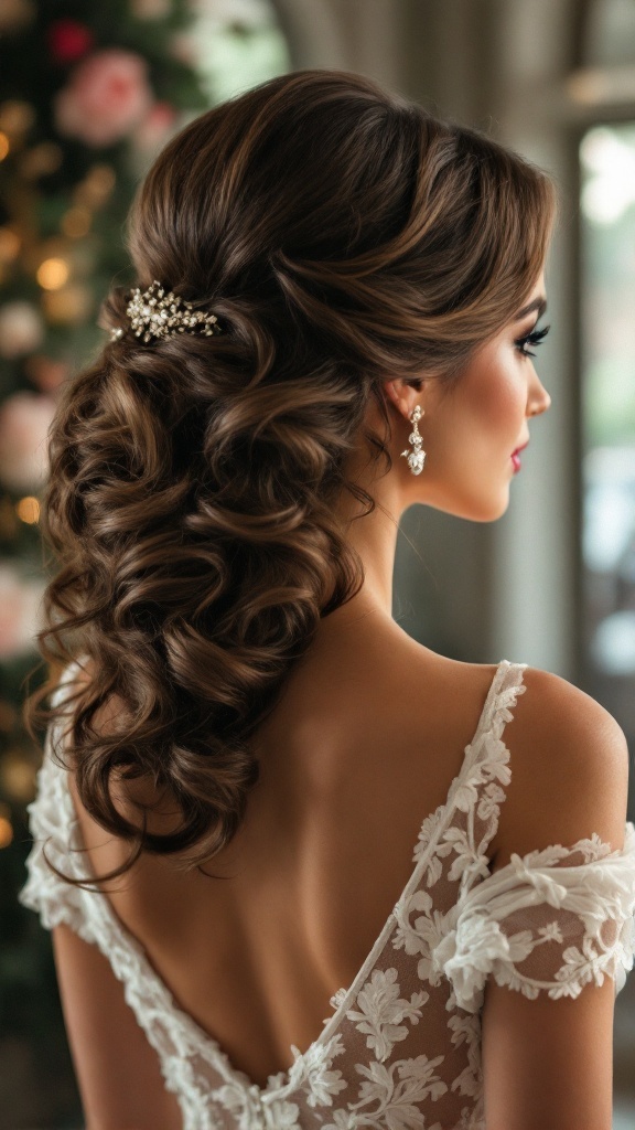 A bride with vintage Hollywood waves hairstyle featuring soft curls and a decorative hairpin.