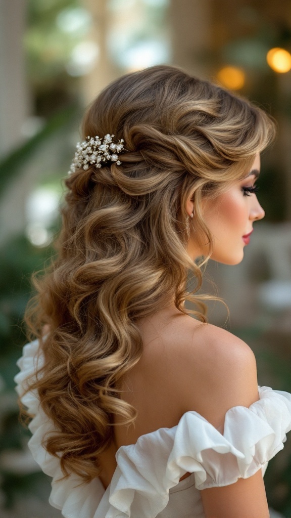 A woman with long hair styled in vintage Hollywood waves, adorned with a floral hair accessory.