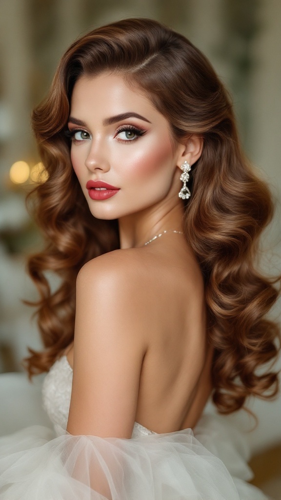 A bride with long hair styled in vintage Hollywood waves, showcasing elegant curls and bold makeup.