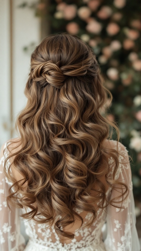 Back view of a bride's hair styled in vintage Hollywood waves with a side part and elegant curls.