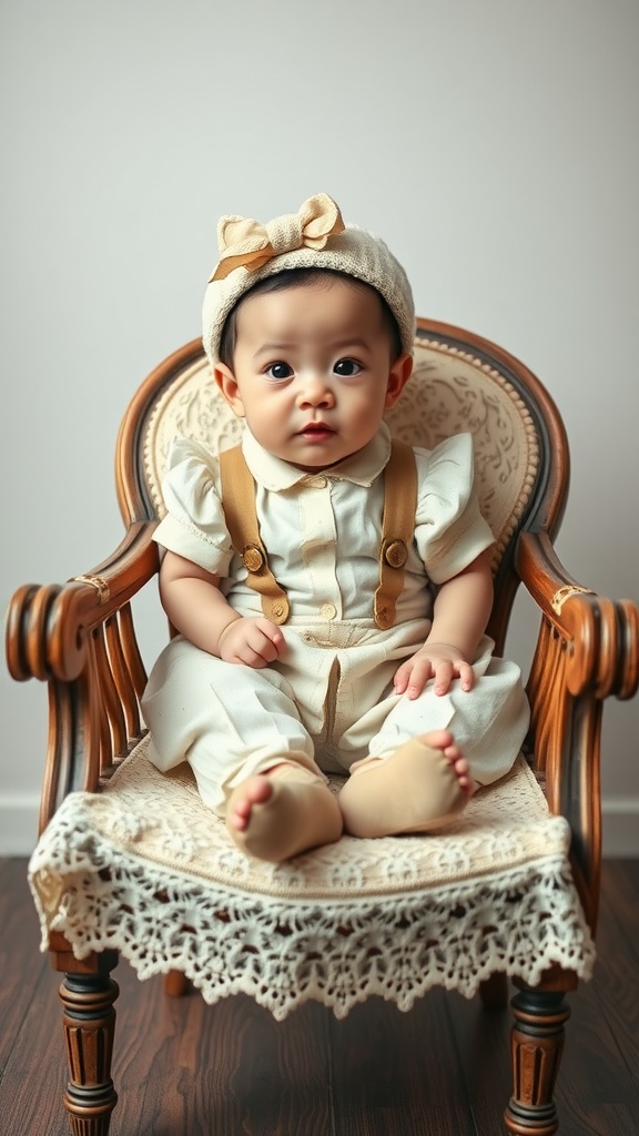 A two-month-old baby styled in vintage attire, sitting on an antique chair, embodying a charming vintage photoshoot theme.